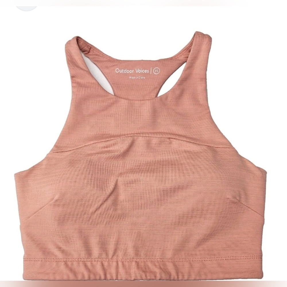 Outdoor Voices High-Neck Ribbed Sports Bra in Dusty Pink